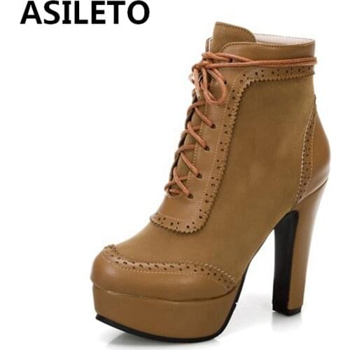 ASILETO 2021 Ankle Boots Zip Lace Up Flock Patchwork Platforms Round Toe Block Heel Short Plush Brown Black Yellow Grey A4506