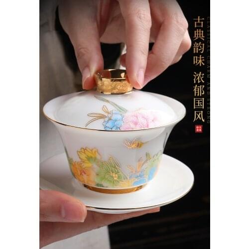 White Porcelain Sancai Gaiwan Tea Cup Tea Brewing Bowl Single Porcelain Kung Fu Tea Set Set Household Large Court Style with Lid