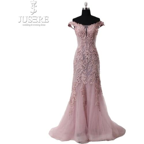 Jusere2018 New Collection Mermaid Off Shoulder Appliqued Embroidered Beaded Pearls Evening Dresses Floor-Length Prom Party Gown