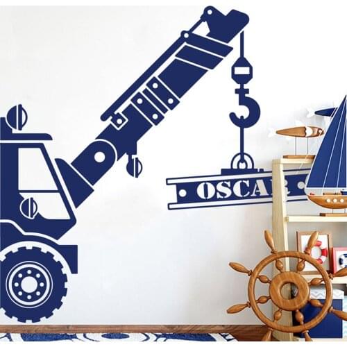 Boys Children Fashion Ornament Crane Truck Wall Sticker Custom Construction Car Personalized Name Home Decor XL50