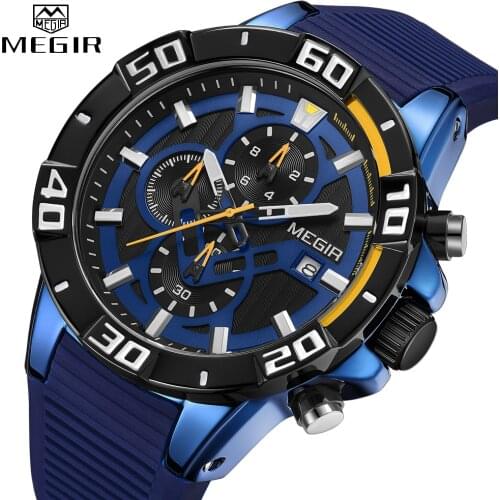 MEGIR Fashion Mens Watches Luxury Brand WristWatch Sport Quartz Blue Watch Men Waterproof Silicone Chronograph Relogio Masculino