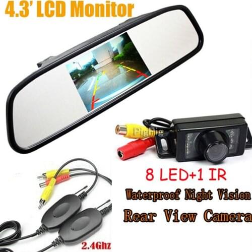 Wireless 4.3" Color TFT LCD Rear View Mirror Monitor DC12V Car Monitor +CCD 170 degree Angle led IR Night Vision Parking Camera