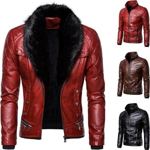 Mens Punk Detachable Fur Collar Rivet Pressed Cotton Thick Anti-fan Leather Jacket Jacket