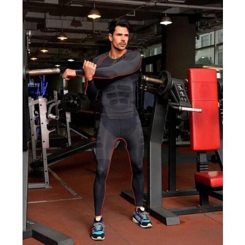 Mens Compression Tights T Shirt jogges Bicycle Fitness tees Long Sleeve Moisture Wicking Quick-drying T-shirt Set Shirt+Pant