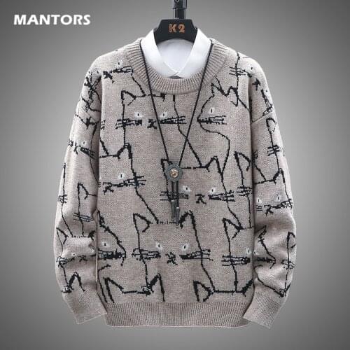 Winter Men Casual Sweaters Cute Cat Pattern Trendy Slim Sweaters Mens O-neck Long Sleeve Woolen Warm Pullovers 2020 Men Clothing