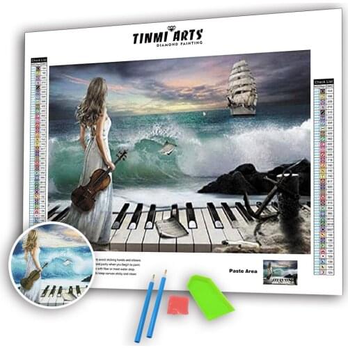 5D DIY Poured Glue Diamond Painting Kits Scalloped Edge Full Round Drill Lady and Sea Mosaic Art Embroidery Pattern Decoration