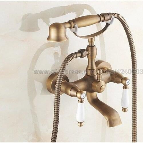 Wall Mounted Antique Brass Bathtub Faucets Bathroom Basin Mixer Tap With Hand Shower Head Bath & Shower Faucet Ktf153