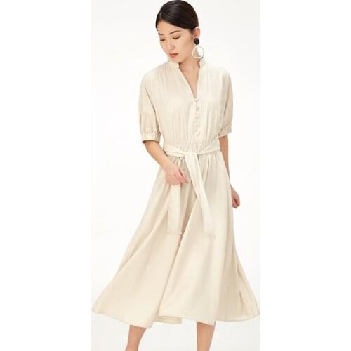 Casual Dresses For Women 2019 Summer Solid Color V Neck Belt Dress Midi Long A Line Dresses Female Robe Vintage Femme DD2150