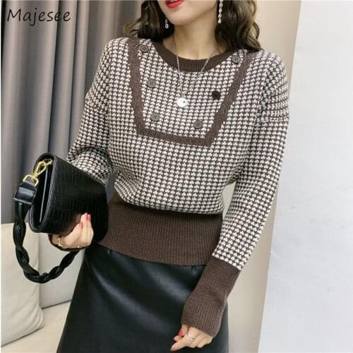 Pullovers Women Loose Leisure Elegant Knitted Sweaters Fashion Simple Plaid Buttons Long Sleeve O-neck Korean Style Female New