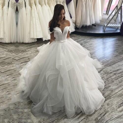 Puffy Ball Gown Tulle Wedding Dress for Bride Off Shoulder Wedding Bridal Gowns Lace-up Back Robe De Soirée De Mariage