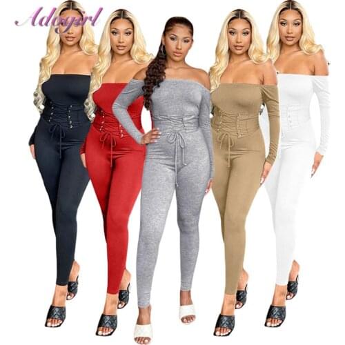 Sexy Off Shoulder Long Sleeve Backless Party Club Jumpsuit Women Solid Lace Up Corset Sportwear Rompers Fitness Outfit Overalls