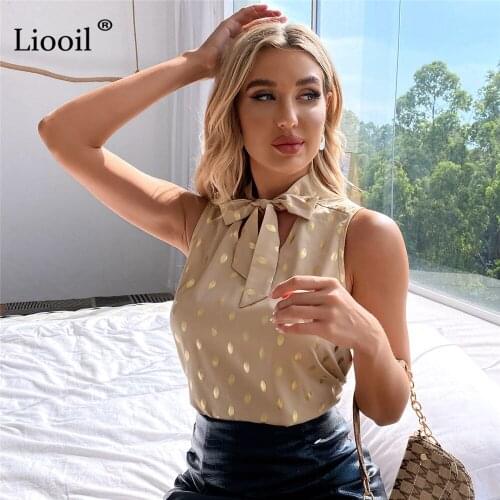 Liooil Polka Dot Sleeveless Top With Bow Tie For Women Tops and Blouses Summer 2021 Casual Ladies Tee Shirt Femme Lace Up Blouse