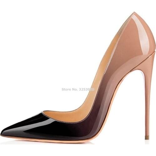 SalePirce Nude/Black Purple Gradient Color Patent Leather Pointed Toe Pumps Stiletto Heels 12cm Banquet Shoes Shallow Cut Pumps