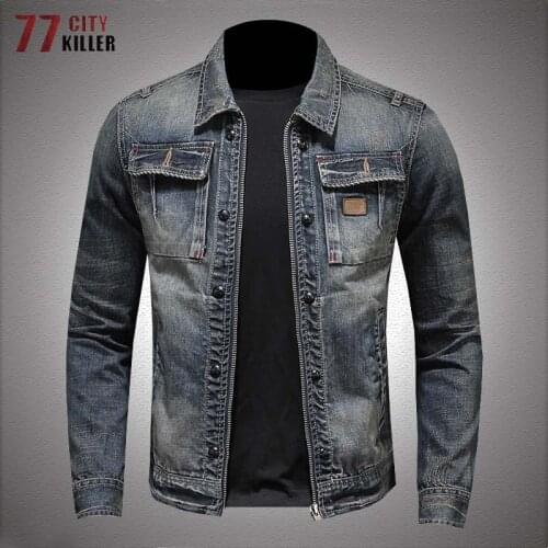 Vintage Denim Jacket Men Spring Autumn Motorcycle Multi-pocket Washed Cowboy Jackets Mens Soft Wear-resistant Jeans Coats M-5XL