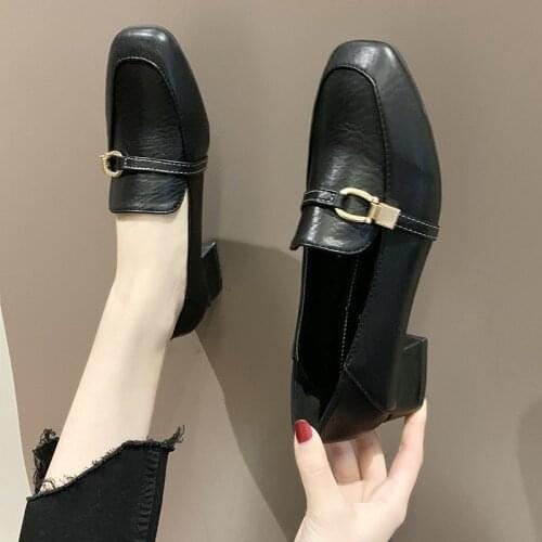 2021 Spring Women Low Heels Dress Shoes Metal Buckle Boat Shoes Woman Lofers Oxford Shoes Square Toe Pumps zapatos mujer 8950G