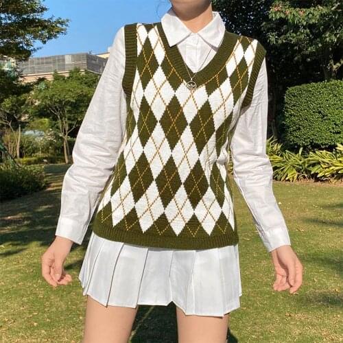 Plaid V-neck Womens Sweater Vest Sleeveless Checkered Knitted Preppy Style Vests For Woman Casual Spring Autumn Harajuku Tops