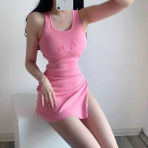 Side Zip Sleeveless Dress Womens Letter Embroidery Pink Slim Dress Summer Sexy Sweet Mini Dresses Pink U6AR