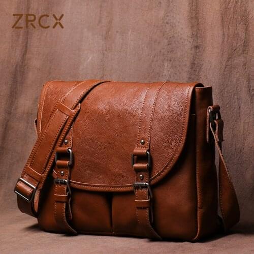 ZRCX Mens Vintage Crossbody Bag Genuine Leather Casual Shoulder Brown Retro Messenger Hight Quality For 13-Inch Laptop
