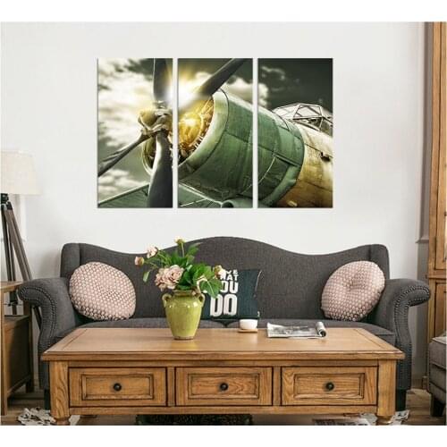 3 Panel Wall Art Painting Turbine Combat Plane Decor for Home Retro Aircraft Plane Propeller Canv Drop shipping