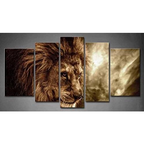 No Framed Brown Fierce Lion Against Stormy Sky 5 Pcs Canvas Picture Canvas Print Wall Art Painting Wall Decor for Living Room