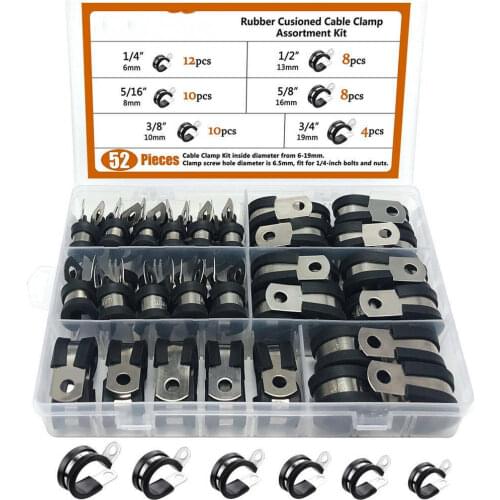 52Pcs U-Style Clips Rubber Lined Hose Cable Pipe Clamps Boxed Galvanized Iron