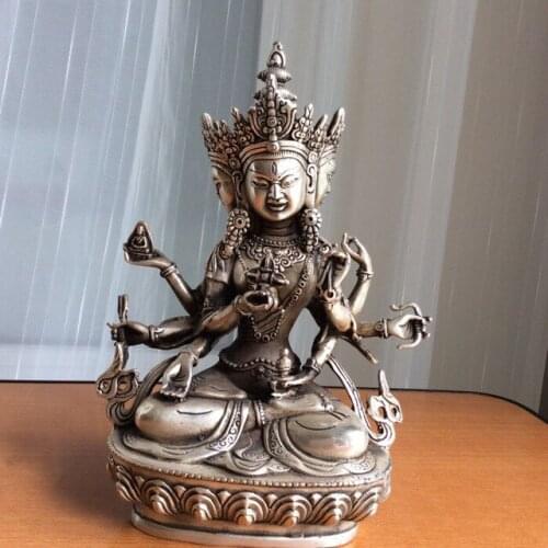 Antique tibetan Buddhist brass coated silver Ushnishavijaya buddha statue 22 cm 1.6 KG wedding copper Decoration real Brass