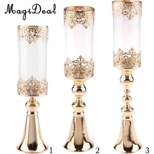 Antique Gold Metal Pedestal Candle Holder with Glass Flower Vase Crystal Draped Pillar Stand Accent Display Ornament Gift