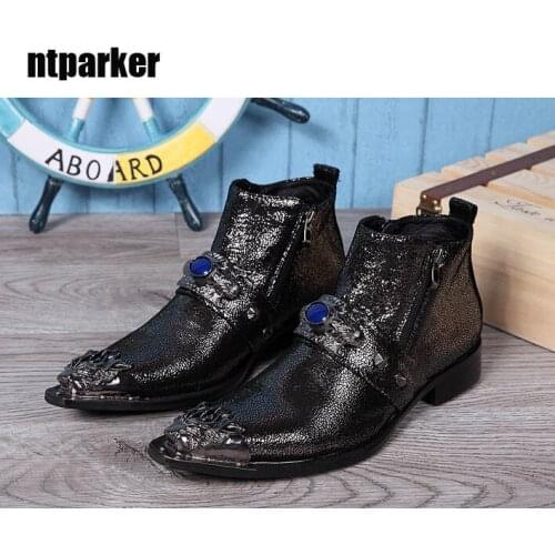 Batzuzhi Fashion Brand New Mens Boots Pointed Metal Toe Black Men Boot Western Ankle Boots Black for Man, Big Size US6-12