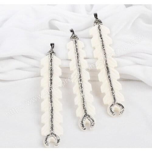 BOROSA New Style 5pcs Natural White Ox Bone Carved Long Feather Pendant Bead Paved Zircons JAB224