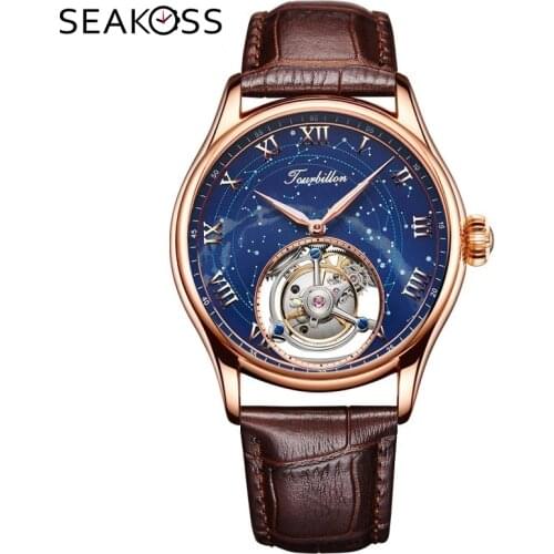 High-end SEAKOSS Mens Star Sky Tourbillon Watches Sapphire Clock Luxury Mechanical Hand Wind Movement Man Wristwatch Business