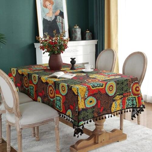 American Ethnic Style Linden Flower Tassel Home Tablecloth Retro Printing Square TV Cabinet Coffee Table Dustproof Tablecloth