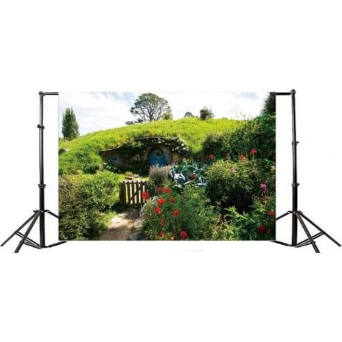 Photography Backdrop Ric Shabby Chic House Wooden Fence Countyard Trees Flowers Grass Field Blue Sky White Cloud Nature