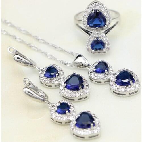 Jewelry Sets 925 Sterling Silver For Women Blue Cubic Zirconia Drop Earrings/Pendant/Necklace/Ring Set Wedding Decoration
