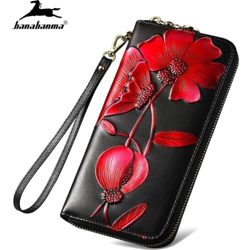 Genuine Leather Wallet Women Clutch 3D Flower Wallets Female Purse Long Zipper Portfel Damski Portfele monedero mujer 2020 New