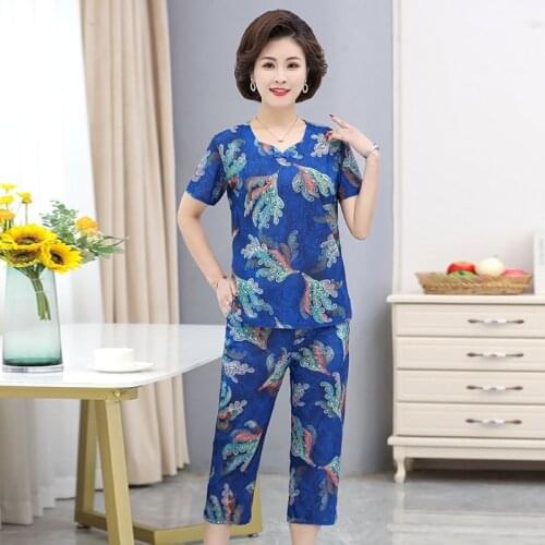 Middle-aged Women 2 Piece Set Summer Suits Short Sleeve Print Tops and Pants Two-piece Female T-shirt Women Clothing Plus Size