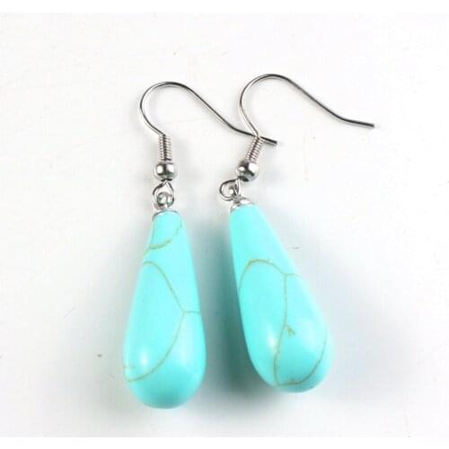 Kraft-beads Popular Silver Plated Green Turquoises Stone Long Water Drop Earrings For Female Christmas Jewelry