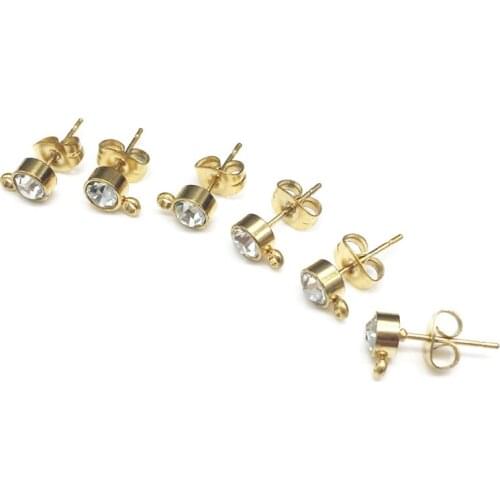 10pcs/lot 5mm Gold Tone Stainless Steel round Ear Post Studs Earrings Back with shining stone Accessories Jewelry Findings