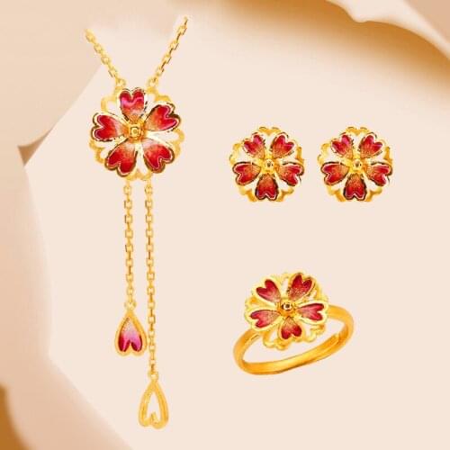 Luxury Female Red Enamel Jewelry Set Charm Gold Color Wedding Stud Earrings For Women Cute Bridal Flower Chain Necklace Ring