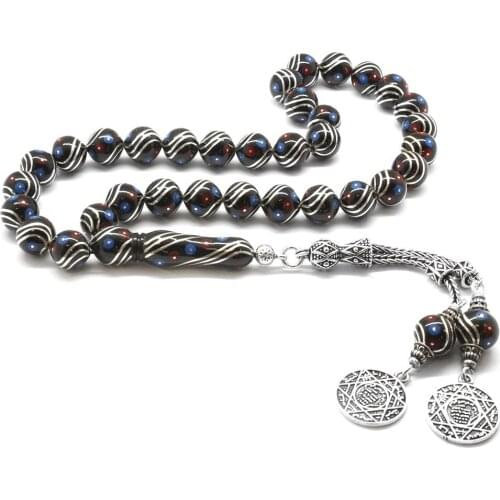 Tesbihane 925 Sterling Silver Tassels Silver-Turquoise-Coral Embroidered Erzurum Oltu stone Rosary