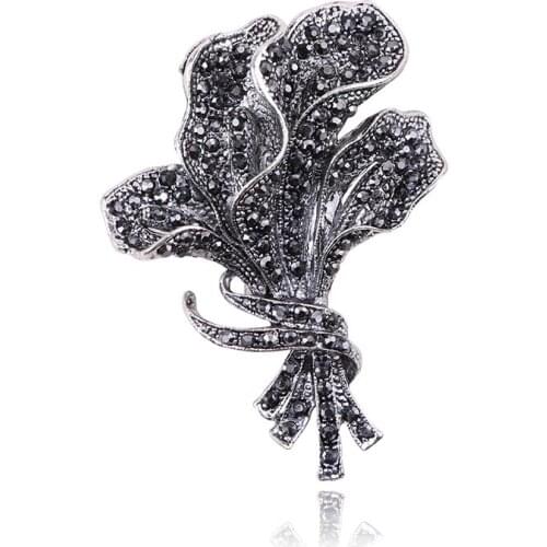 Vintage Exquisite Female Gun Black Rhinestone Leaf Bouquet Brooches Pin for Women Wedding Bouquets Jewelry Accessories