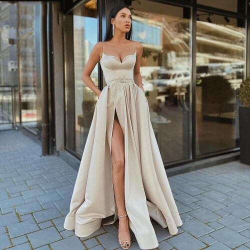 YIWUMENSA Spaghetti Strap A Line Satin Prom Dress With High Split Sexy Women Formal Evening Gowns Custom Made Sweetheart Dresses