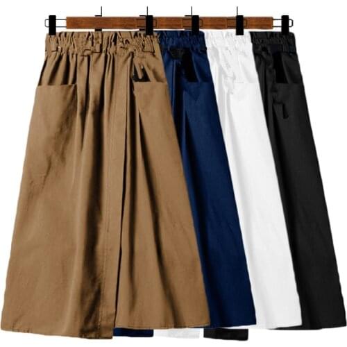 Ladies Fashion Midi Knee Length Solid Skirts Womens Casual Pocket Korean Elastic High Waist A-line Pleated Women Skirt Female