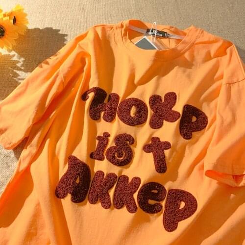 2021 summer new short-sleeved T-shirt female letters towel embroidered letters loose large size female blouse all-match