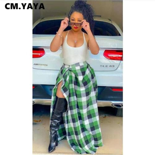 CM.YAYA Women Skirts Plaid Asymmetrical Empire Button Waist Floor-length Skirts Female Casual High Street Clothing Summer 2021