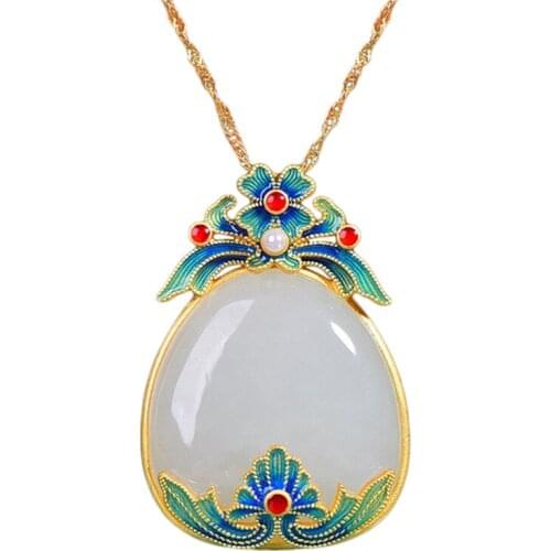 Vintage Enamel Jewelry Natural Hetian Stone Gold Pendant Necklace For Women Wedding Classical Party Exquisite Anniversary Gift