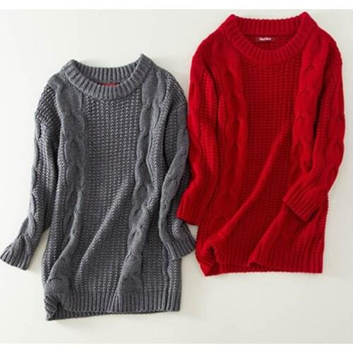 100% cashmere twisted knit woman fashion Oneck thick pullover sweater mid-long H-straight loose solid color S/M