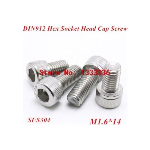 100pcs M1.6*14 Hex socket head cap screw, DIN912 304 stainless steel Hexagon Allen cylinder bolt, cup screws