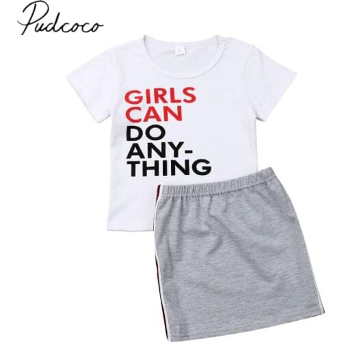 2019 Baby Summer Clothing 1-6Y Toddler Kid Baby Girls Clothes Sets White Letter Short Sleeve Tops Shirt Mini Grey Skirt Clothes