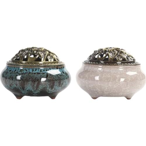 2x Chinese Traditional Ceramic Glaze Incense Burner Holder Flower Statue Alloy Cover Sandalwood Censer Home Decor Gifts