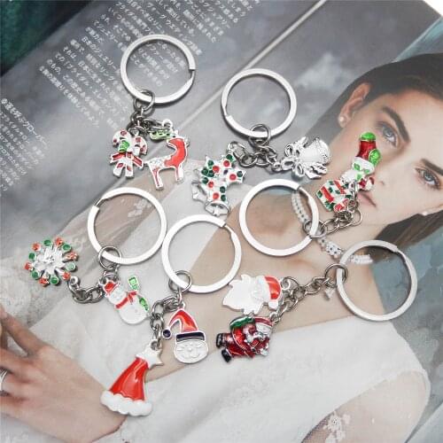 6pcs Key chain & Key ring Key Holder Bag Dec Christmas Gift Santa Claus Tree Silver Color Stocking Snowflake Enamel Sock Hat 8cm